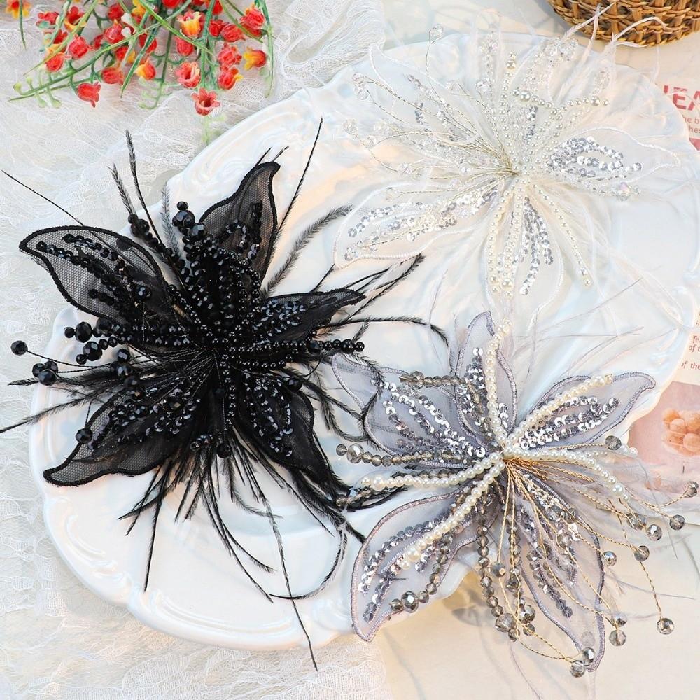 Vintage Sequin Lace Feather Hair Clip Beads Floral Flower Hairpin Edge Clip Mesh Bridal Wedding Headwear Photography