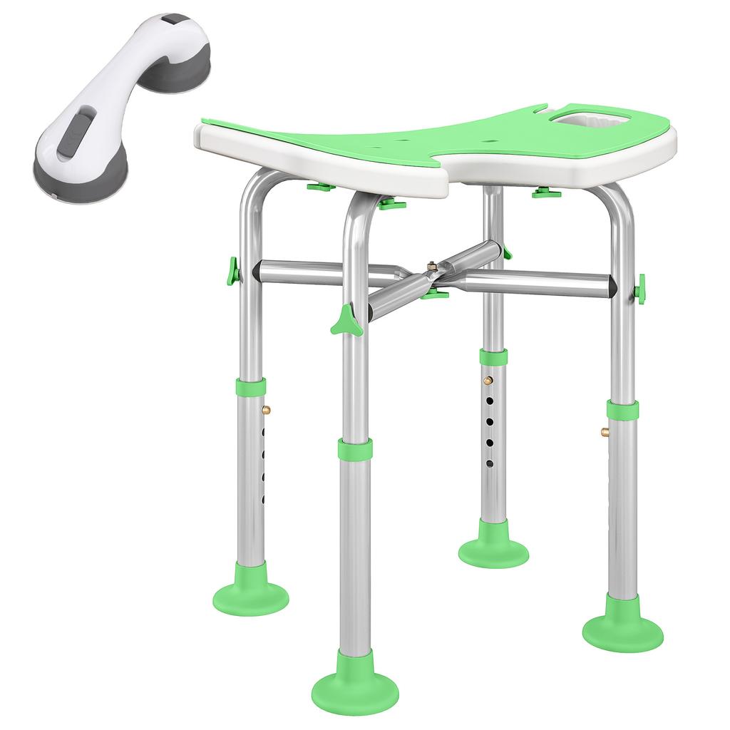 Shower Stool, Adjustable Height 39-51.5 cm, Suction Cup Support Bar, Suction Cup Pads, Green