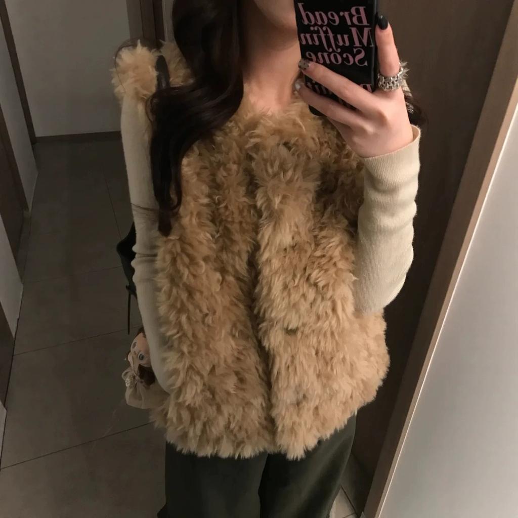 Oni Vest Imitation Lamb Wool Vest Women's Autumn and Winter Loose and Thin Atmosphere Plush Sleeveless Vest Jacket