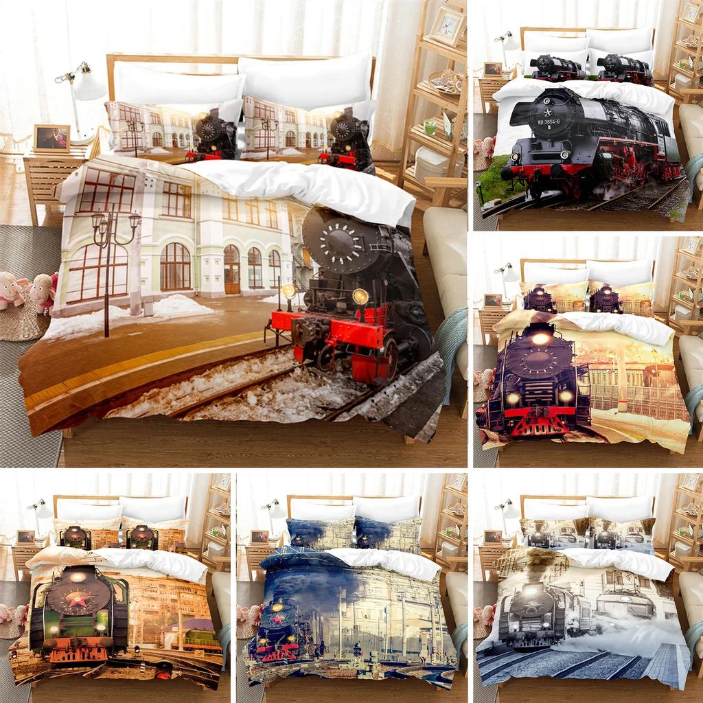 Funda Nórdica Tamaño Completo Trenes para Niños Juego de Cama de Locomotora de Vapor Microfibra 3D Vehículos Ferroviarios Cubierta de Edredón para Decoración de Habitación de Niños Adolescentes