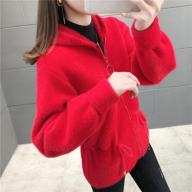 

Новая модная женская куртка-свитер из искусственного меха норки, осенне-зимняя женская свободная вязаная куртка-кардиган с длинными рукавами и капюшоном