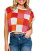 Women's Color Block Cropped Knit Top Cap Sleeve Crew Neck Summer Short Sweater