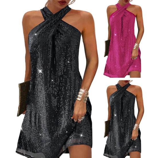 Ladies Dress Shiny Sequin Off Shoulder Sleeveless Cross Halter Neck Loose A Line Loose Hem Solid Color Mini Dress Party Prom Evening Dress
