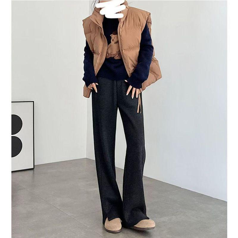 Pantalon pour femme 2024 à chevrons en laine polaire doublé fendu à jambe droite pour automne/hiver décontracté