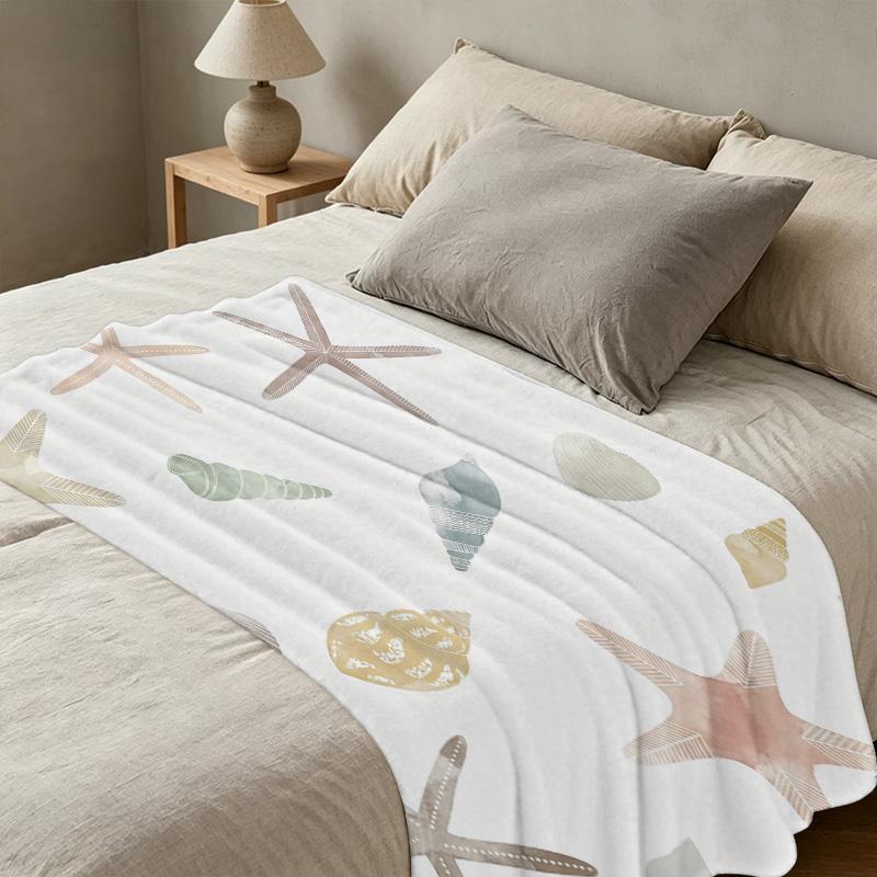 Soft Cozy Flannel Throw Blanket - Pill-Resistant Marine Seashell Starfish Design, Warm Home Decor Blanket, All Seasons, Halloween & Christmas