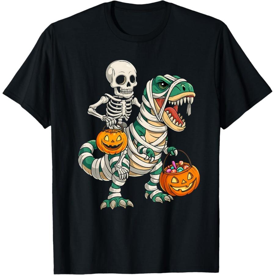 Skeleton Riding Mummy Dinosaur T Rex Kids Boys Men Halloween T-Shirt S