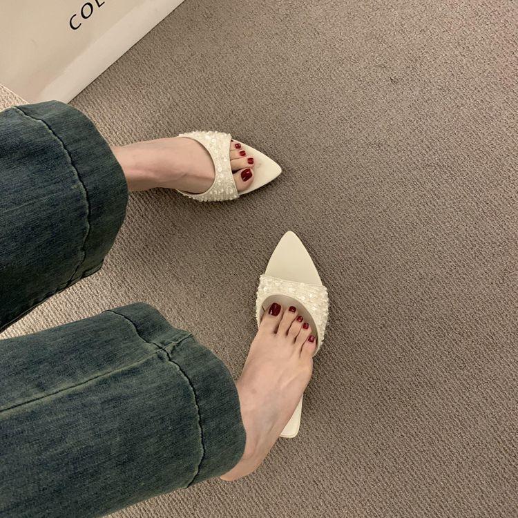 French Temperament Sequins with Open-toed Pointed Slippers for Women's Summer Wear 2025 New Kitten and Cool Slippers