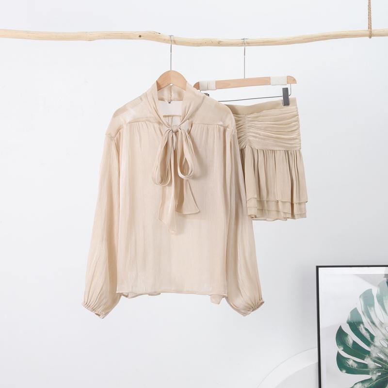 Elegantní mašle na sukni, obleky pro ženy, šněrování, O-výstřih, halenka s lanternovými rukávy a vysokým pasem, sladká skládaná sukně, jarní nová sada 2 kusů