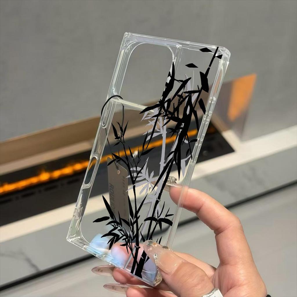 Transparent Square Back Tube Case Casing Protection For iPhone 15 Plus 11 14 Pro Max 16 ProMax 13 12 Anti-Oxygen,Ink bamboo Pattern