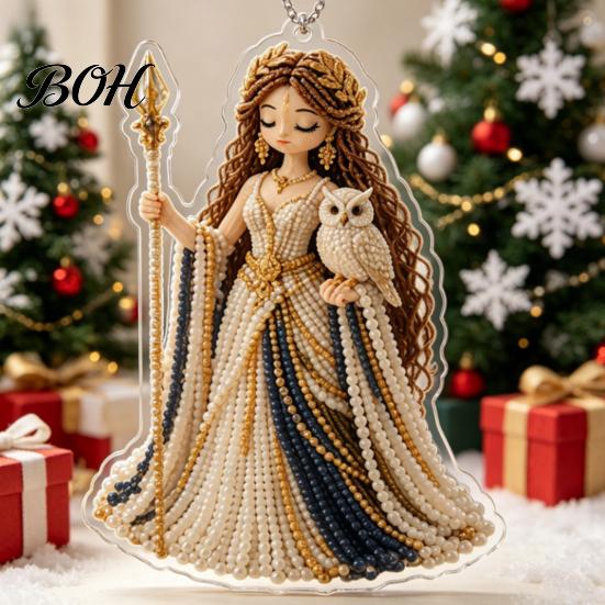 Christmas Ornaments 2D Flat Acrylic Ornaments, Bead Embroidered Art Goddess Exquisite Tree Charms Pattern Pendant, Double-Sided Hanging Charm for Home