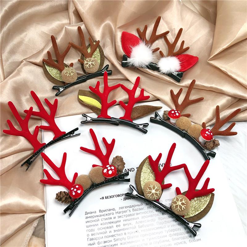 Korean Holiday Hair Accessories: Plush Reindeer Antler and Mushroom Hair Clips