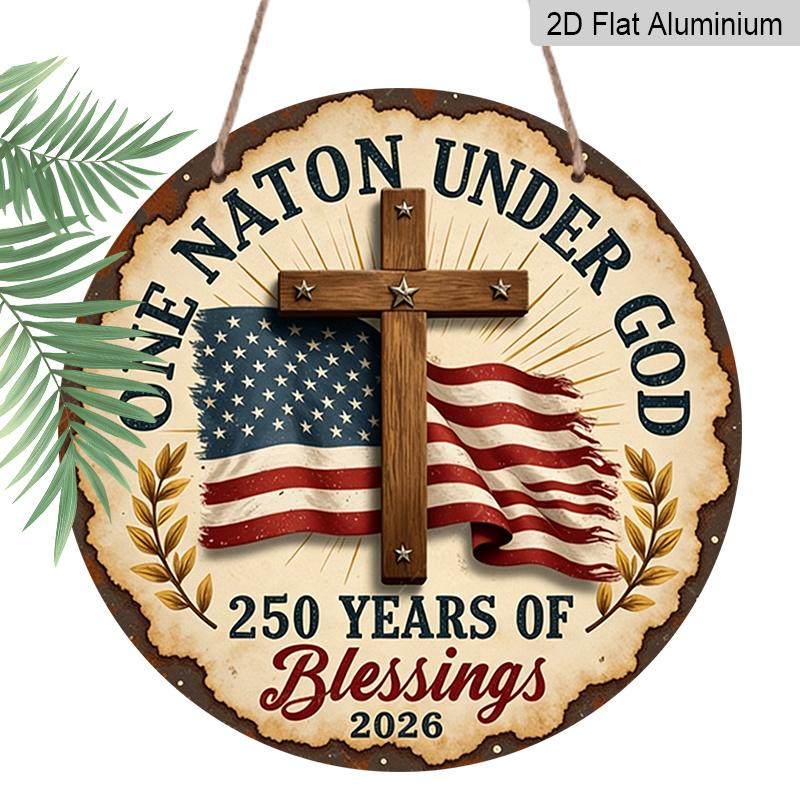 

2D Flat, 1pc 7.87inch Round Aluminum Sign, One Nation Under God Patriotic Cross & US Flag Design, Vintage American Blessing Metal Wall Art, 2026 1pc