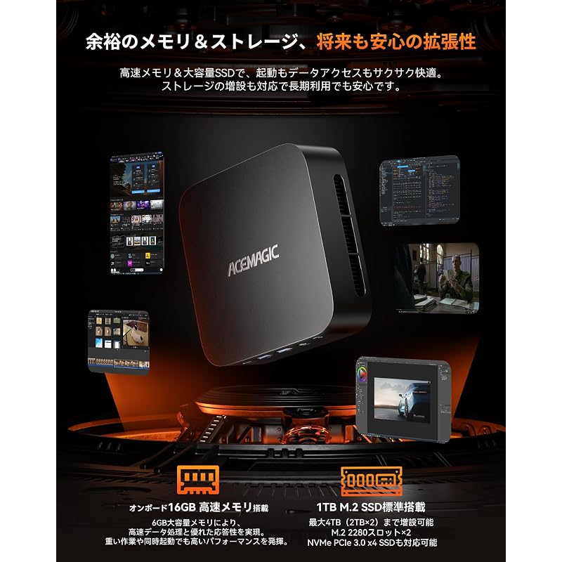 ACEMAGIC Mini PC with Ryzen 5 7430U (up to 4.3GHz), 16GB RAM + 512GB M.2 SSD expandable.
