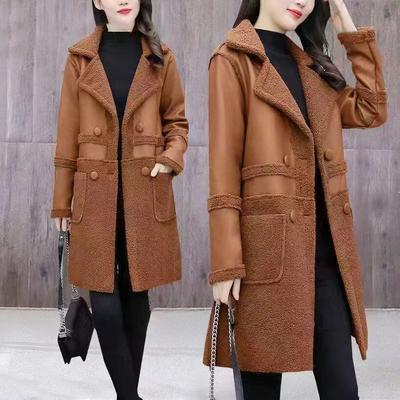 Large Size Women's Autumn Lapel Collar Mid-length Fleece Thick Leather Jacket
