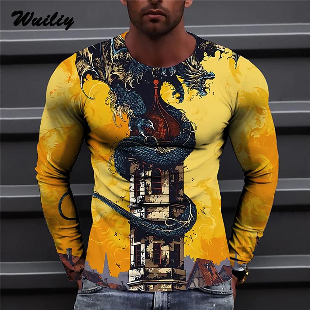 T-shirt da uomo Dragon T-shirt casual con stampa 3D a maniche lunghe con grafica animale magica T-shirt modello High Street Top uomo/donna T-shirt hip-hop