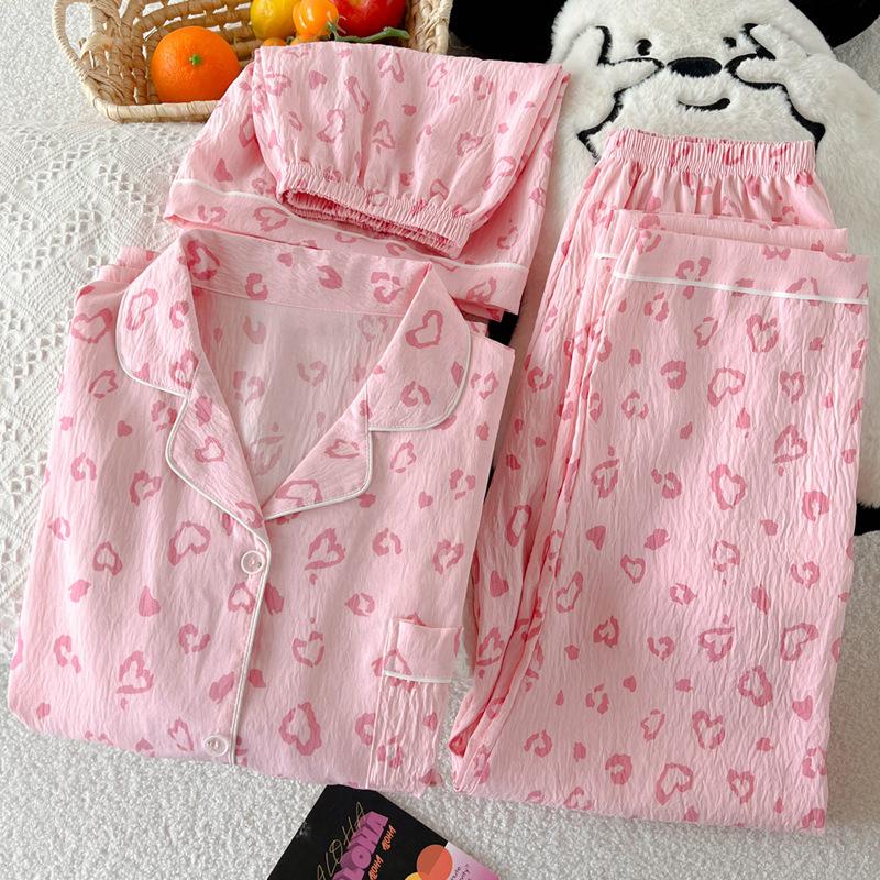 Cute Girl Love Leopard Print Short-Sleeved Pajamas Women'S Summer Cloud Cotton Three-Piece Loungewear