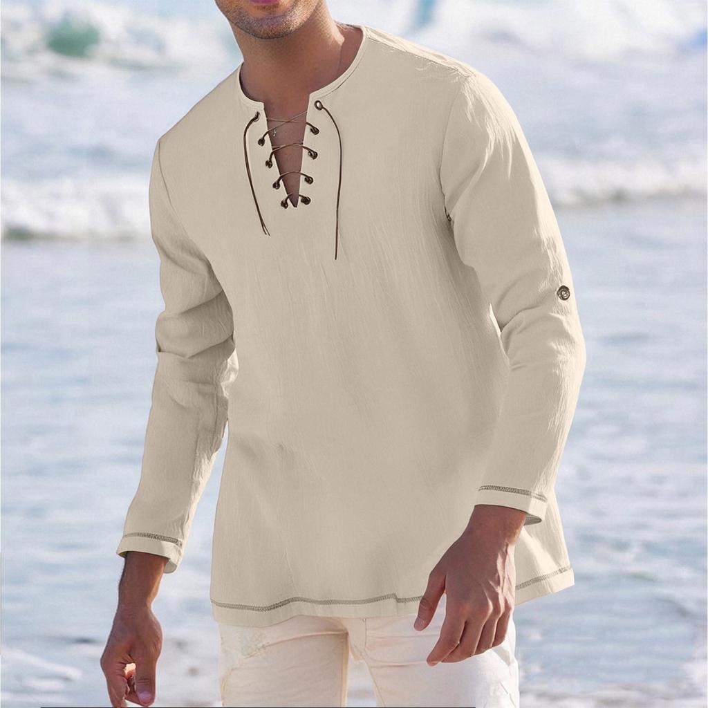 Men's Casual And Fashionable Cotton And Linen Solid Color Round-neck Long-sleeved