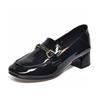 Small Leather Shoes Women's New Round Head Cow Patent Leather Thick Heel Shallow Mouth Fashion Shoes Metal Buckle Medium Heel Women's Single Shoes
