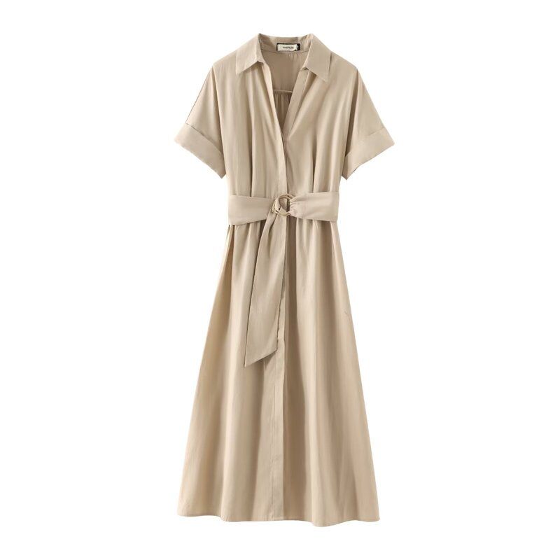 Fashion Style 2024 Summer New Arrival Women's Linen Blended Midi Skirt Shirt Style Dress 8372101 533