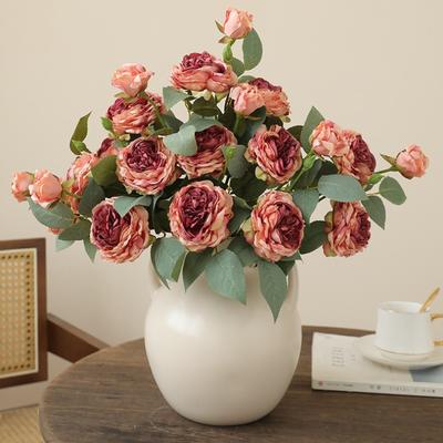 10pcs Fake Flowers Artificial Silk Grilled Edged Tea Rose Wedding Decoration Pink Simulation Flower 3 Heads Roses Branches