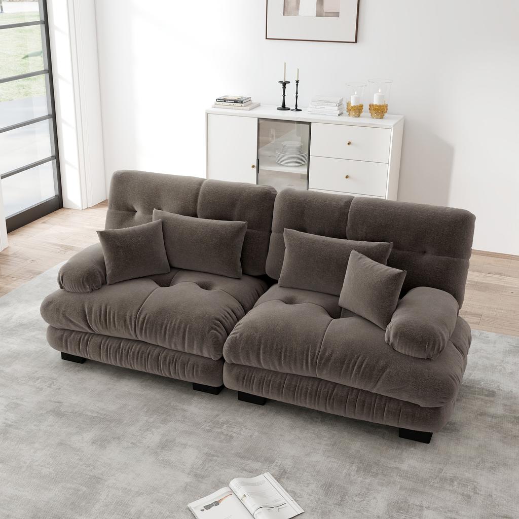 Cloud Corner Sofa for Living Room, Chenille Double Sofa with 2 Lumbar Pillows and 2 Decorative Pillows, Solid Wood Frame, Chenille Brown