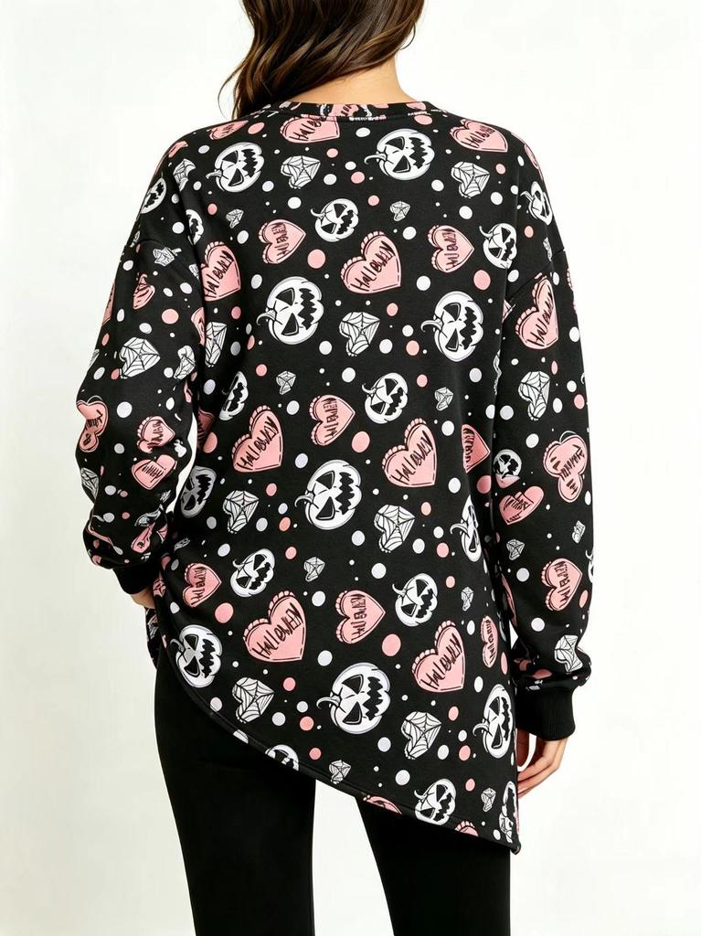 European Halloween Heart Pumpkin Print Long Sleeve with Ribbed Cuffs and Irregular Hem (2026 Style)
