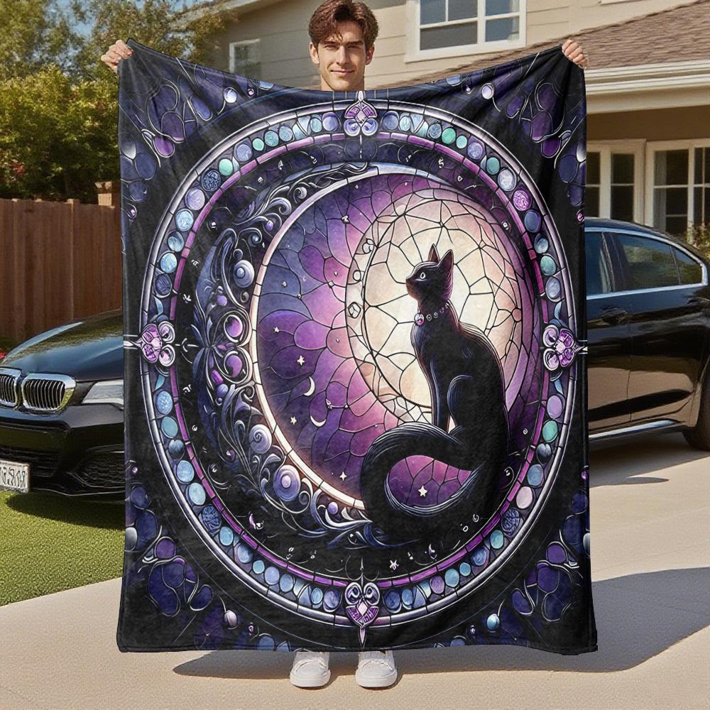 1PC Stained Glass Cat Outdoor Flannel Blanket Soft Plush Decor for Picnics, camping,Bedroom, Playroom, or Lunch Break, Perfect Gift , All Season12