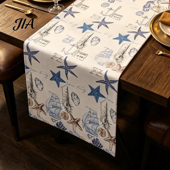 Linen Table Runner Summer Beach Runner, Ocean Wave Coastal Linens for Home House Party Decor Rectangle
