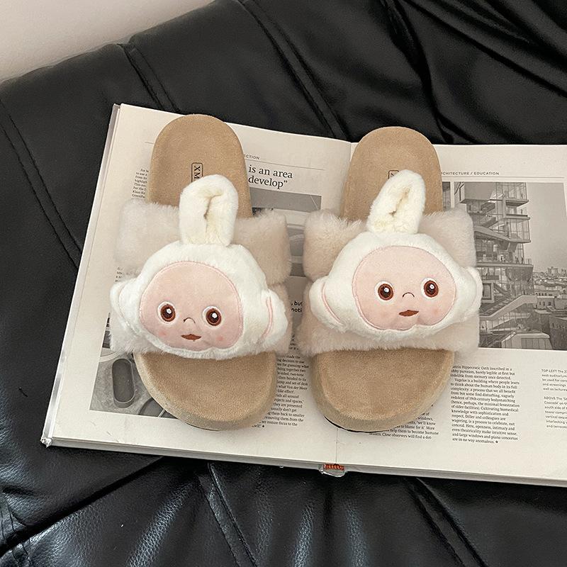 Cartoon cute casual flat-bottomed fluffy shoes women's autumn and winter suede versatile antenna baby one-word thick-soled cotton slippers