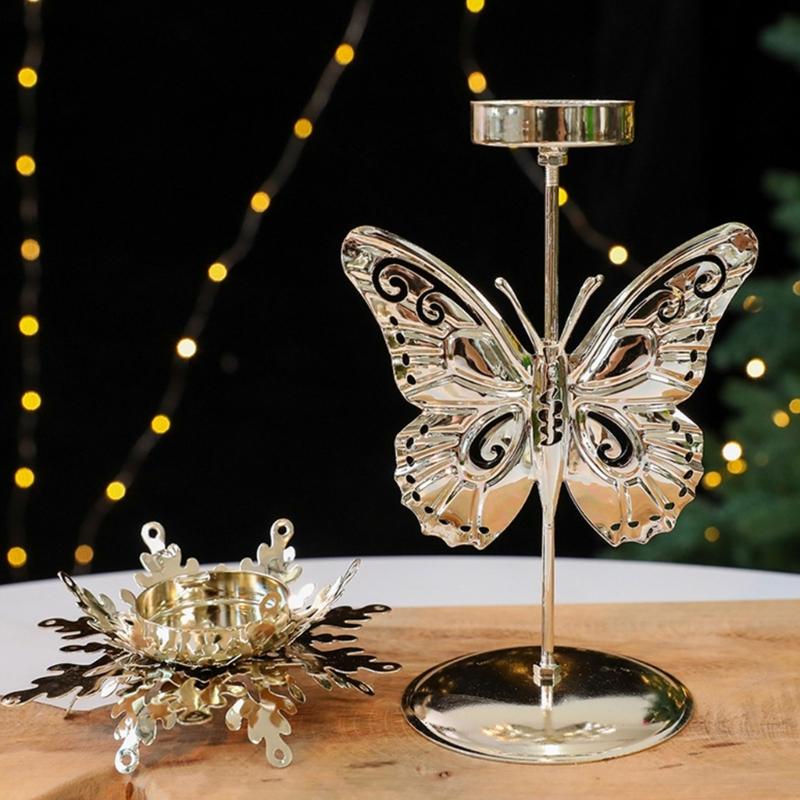 Iron Candle Holders Stand with Christmas Snowflake Star Butterfly Tree Pattern Candlestick for Home Tabletop Decoration