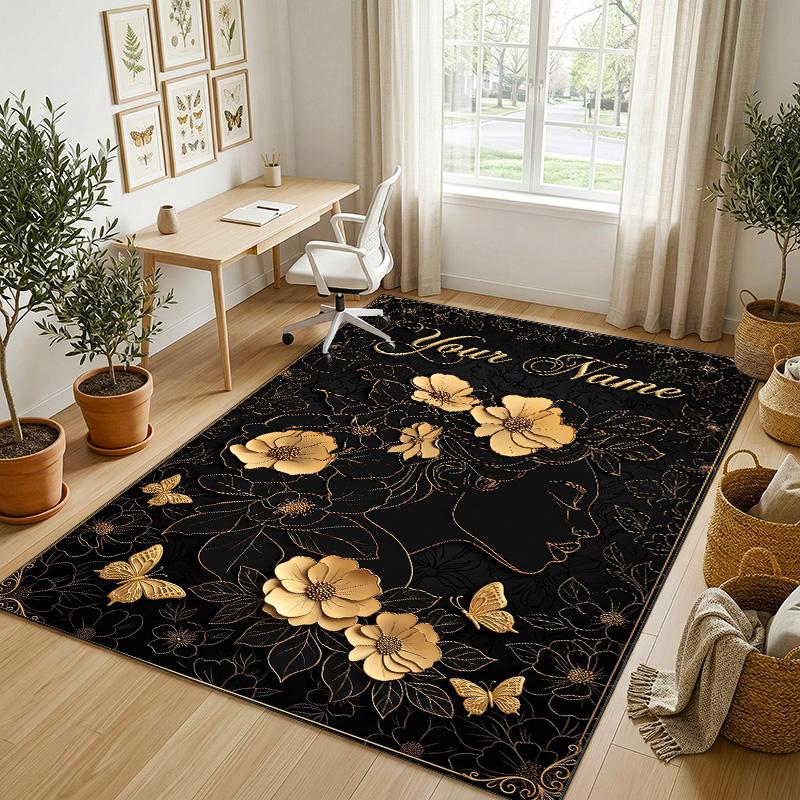 Golden Floral Elegance Theme Soft Crystal Velvet Rug Custom Name & Text Print Non Slip Floor Rug for Bedroom Living Room