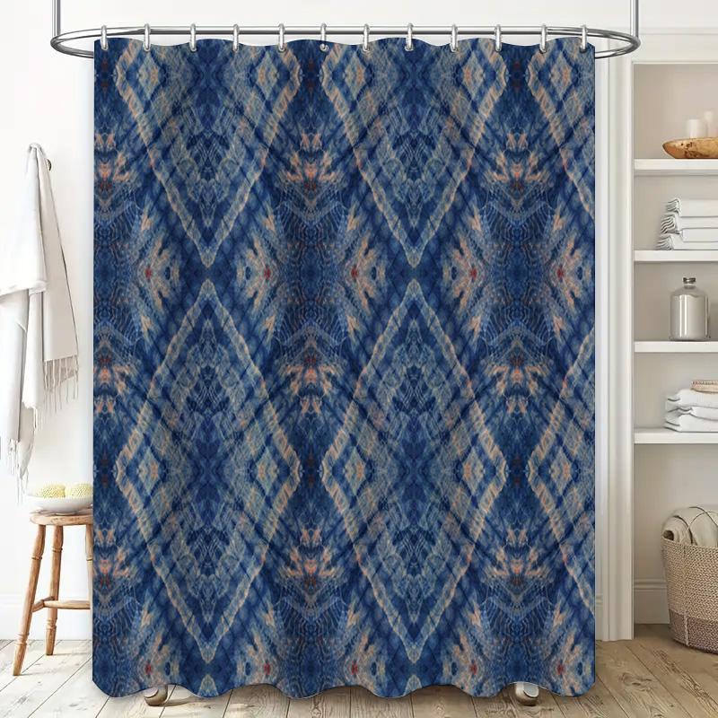 Blue Geometric Shower Curtain Waterproof Bath Decoration Wall Hanging Printed Decorative Fabric for Bathroom Medium Size 72x84in