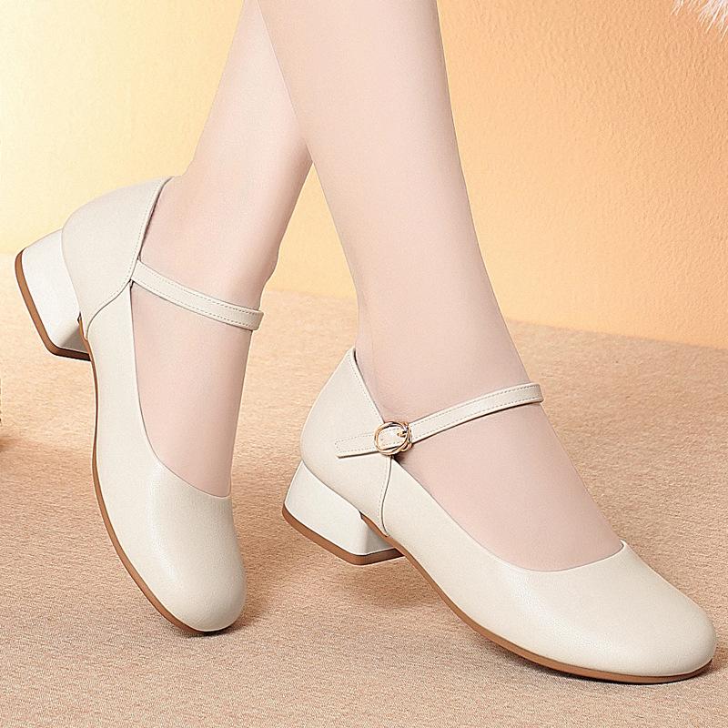 One-word Buckle, Spring and Autumn Square Head Mary Jane Shoes Women's Single Shoes Work Shoes Leather Shoes Women's Shoes