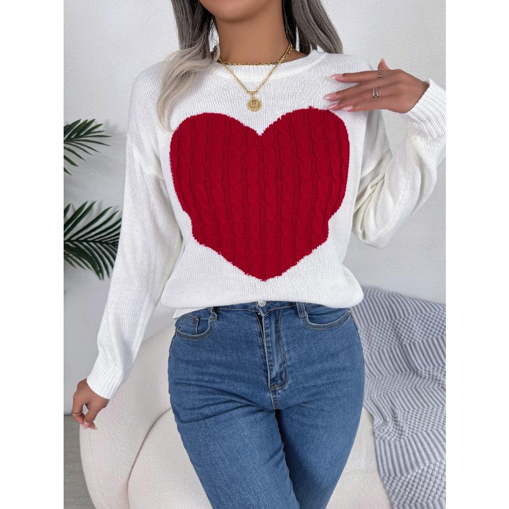 Women's Sweatshirt Autumn/Winter Cable-Knit Heart-Pattern Long-Sleeved Pullover Valentine's Day Ladies' Knitwear