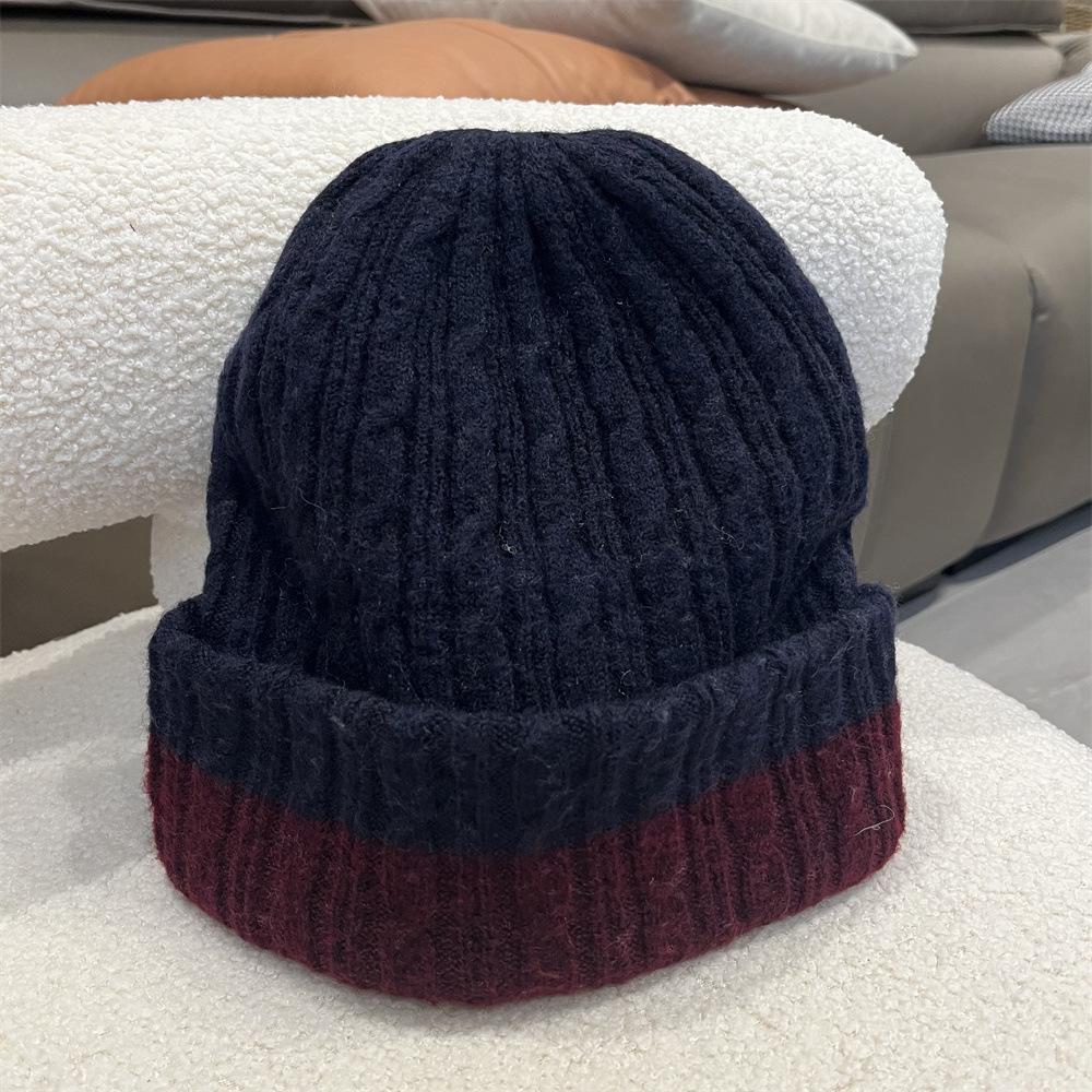 

Простая двухцветная шерстяная шапка с контрастными вставками, женская, теплая, универсальная, с защитой ушей, шапка-бини из толстой пряжи Adult average size темно-синий