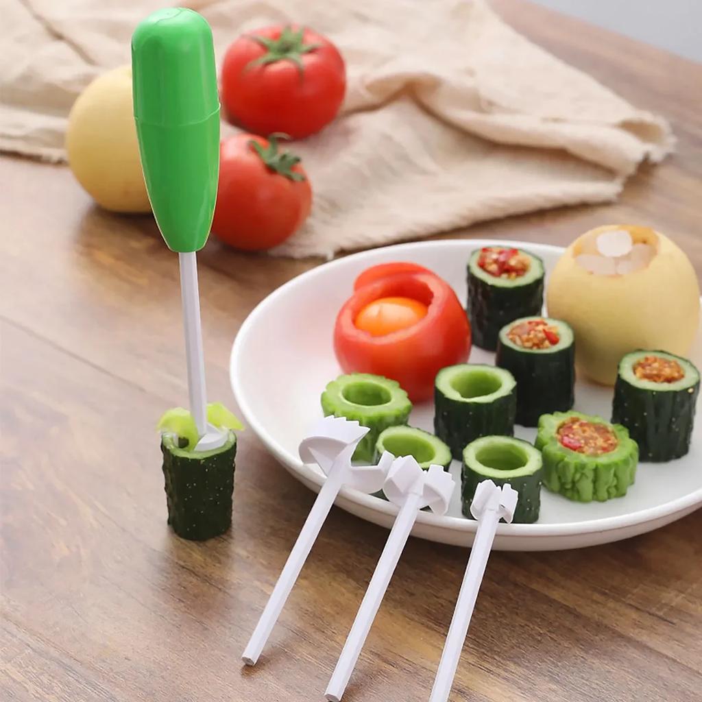 4 In 1 Fruit Vegetable Corer Spiral Digging Vege Drill Veggie Corkscrew Carver with 4Pcs Replaceable Head Spiralizer Cutter Tool