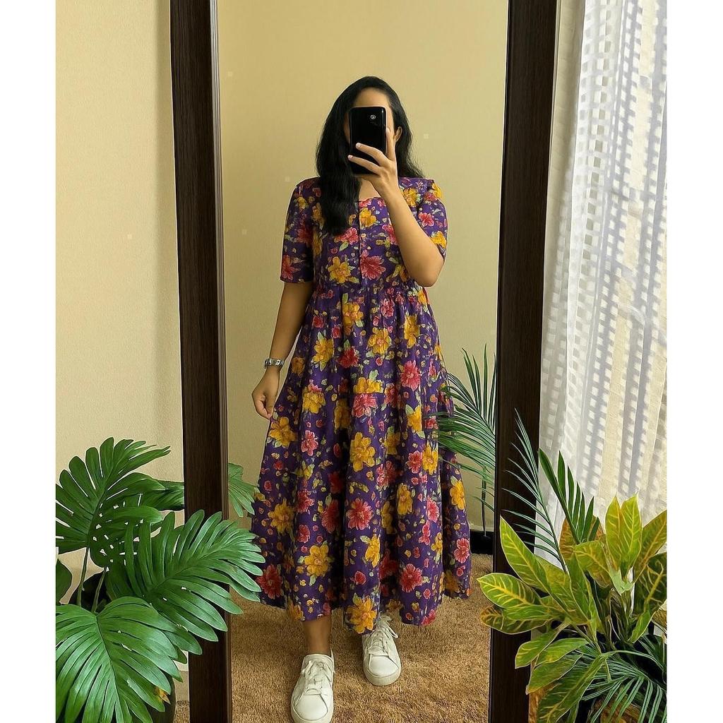 Beautiful Cotton Printed Middi Gown Dress Indian Bollywood Ethnic Kurta Set