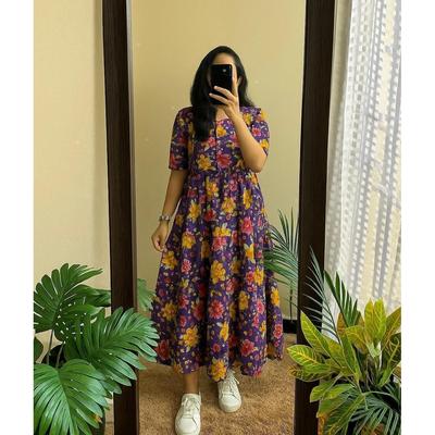 Beautiful Cotton Printed Middi Gown Dress Indian Bollywood Ethnic Kurta Set
