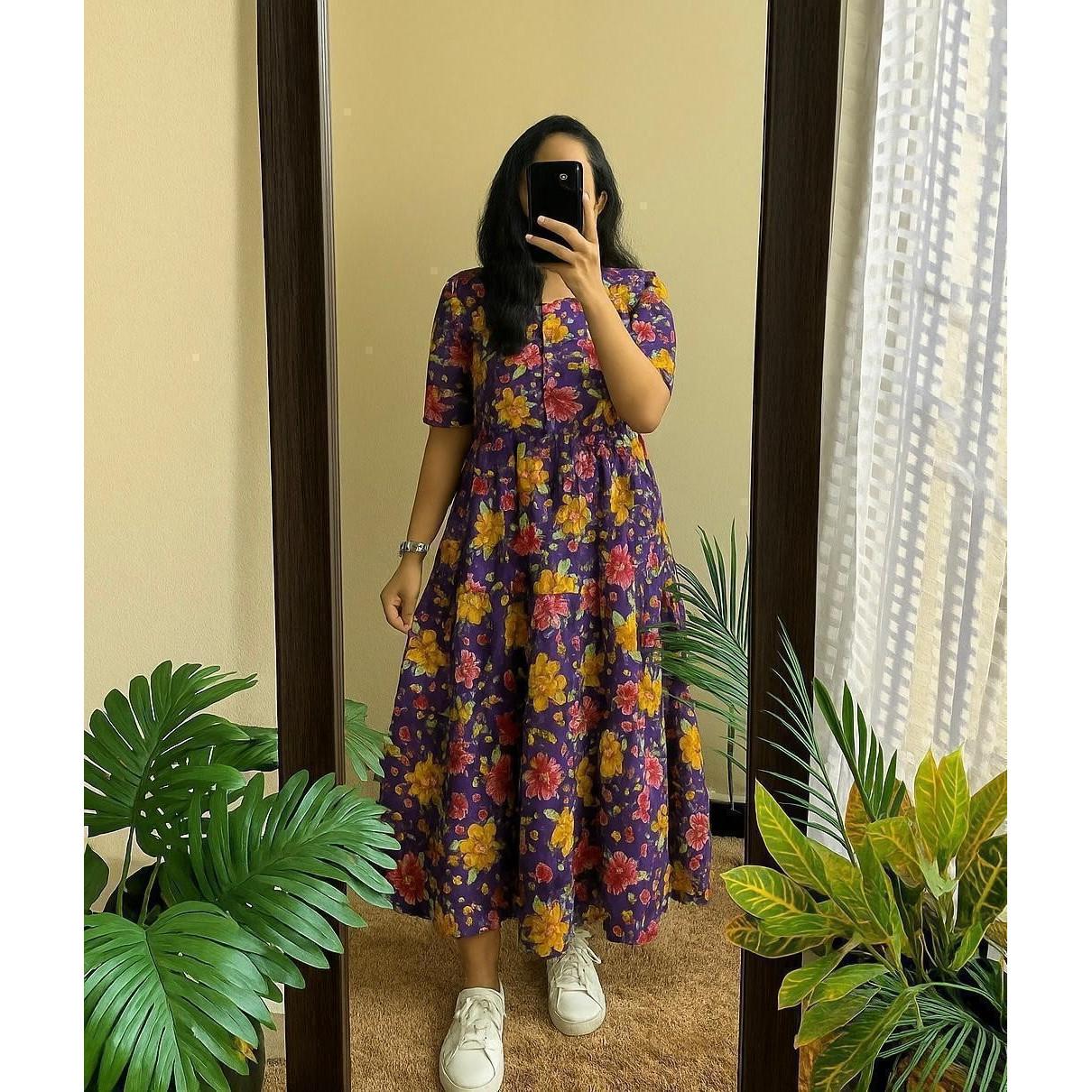 Beautiful Cotton Printed Middi Gown Dress Indian Bollywood Ethnic Kurta Set M-38