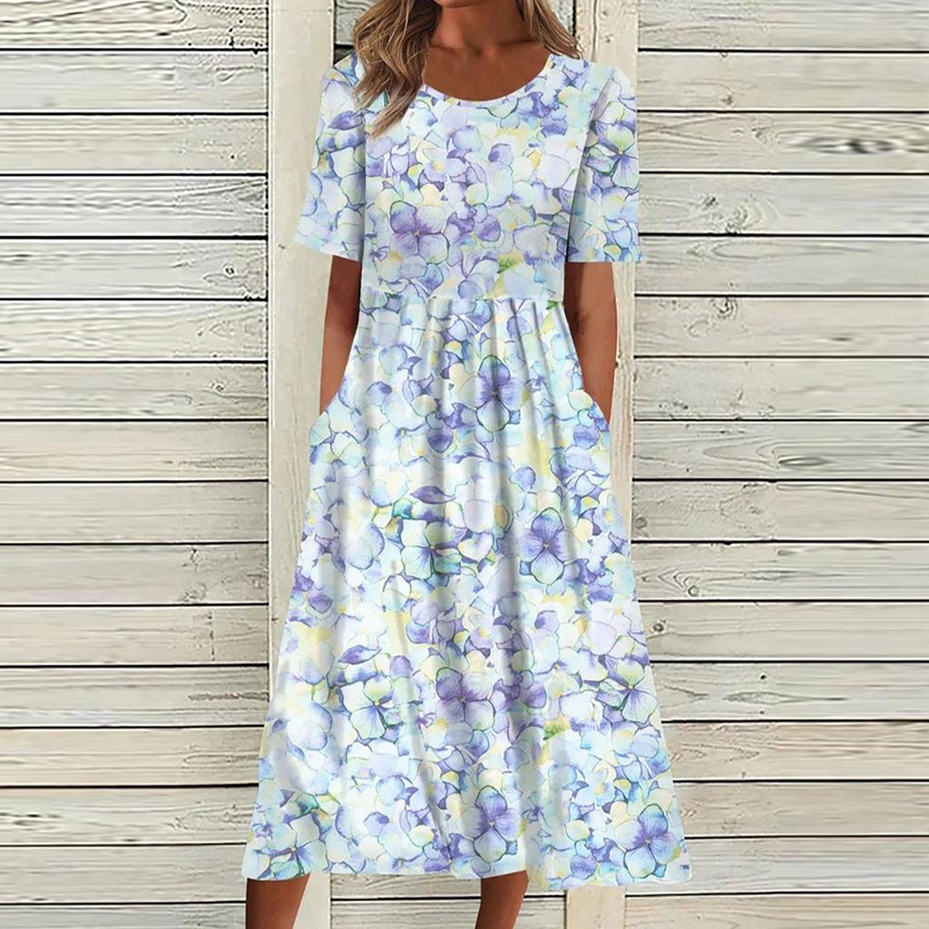 Women's Summer Casual Fashion Printed Short Sleeve 2022 O-Neck Pocket Dress
