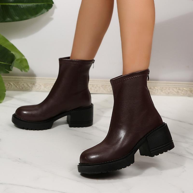 Women Fashion Boots Round Toe Platform Sole Square Heel Back Zipper Short Boots Retro All-match Waterproof Platform Autumn Boots