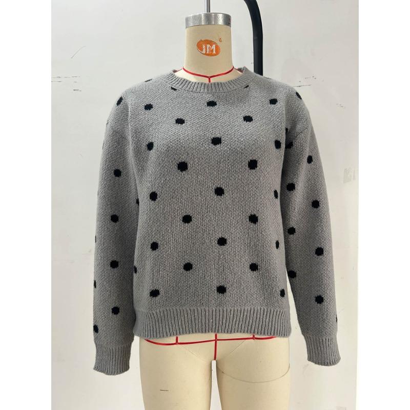 Women Loose Fit Long Sleeve Pullover Knit Sweater Polka Dot Jacquard