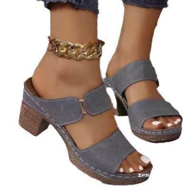 New large-size open-toed high-heeled slippers women's new thick-heeled embossed fashion cool slippers