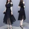 Women's Summer Black Slim Midi Dress with Short Sleeves and Irregular Hem