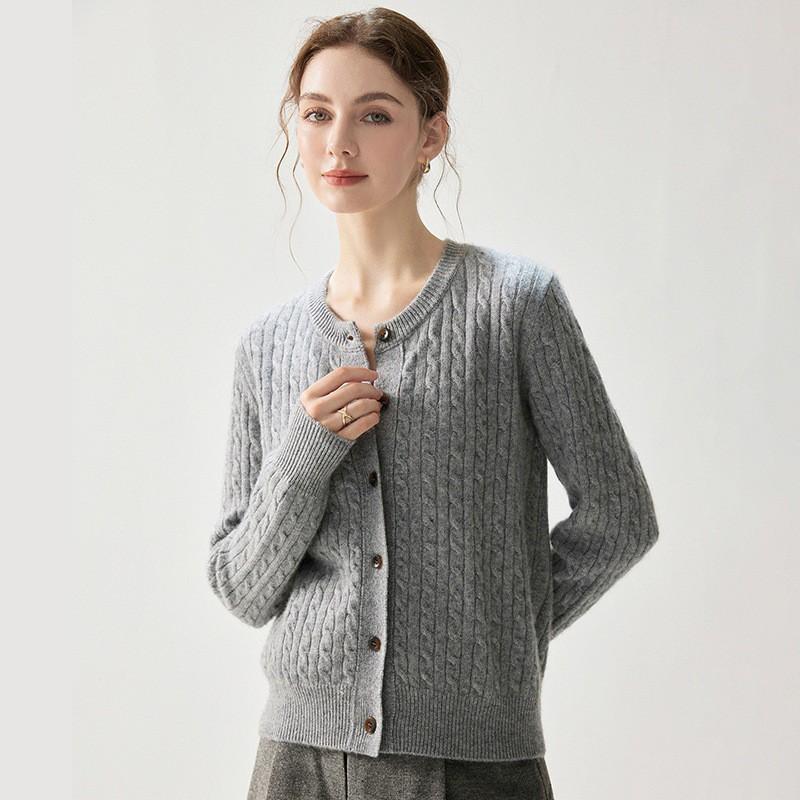 Womens Thick Cable Knit Cashmere Cardigan Round Neck Single Breasted Loose Fashion Sweater Winter