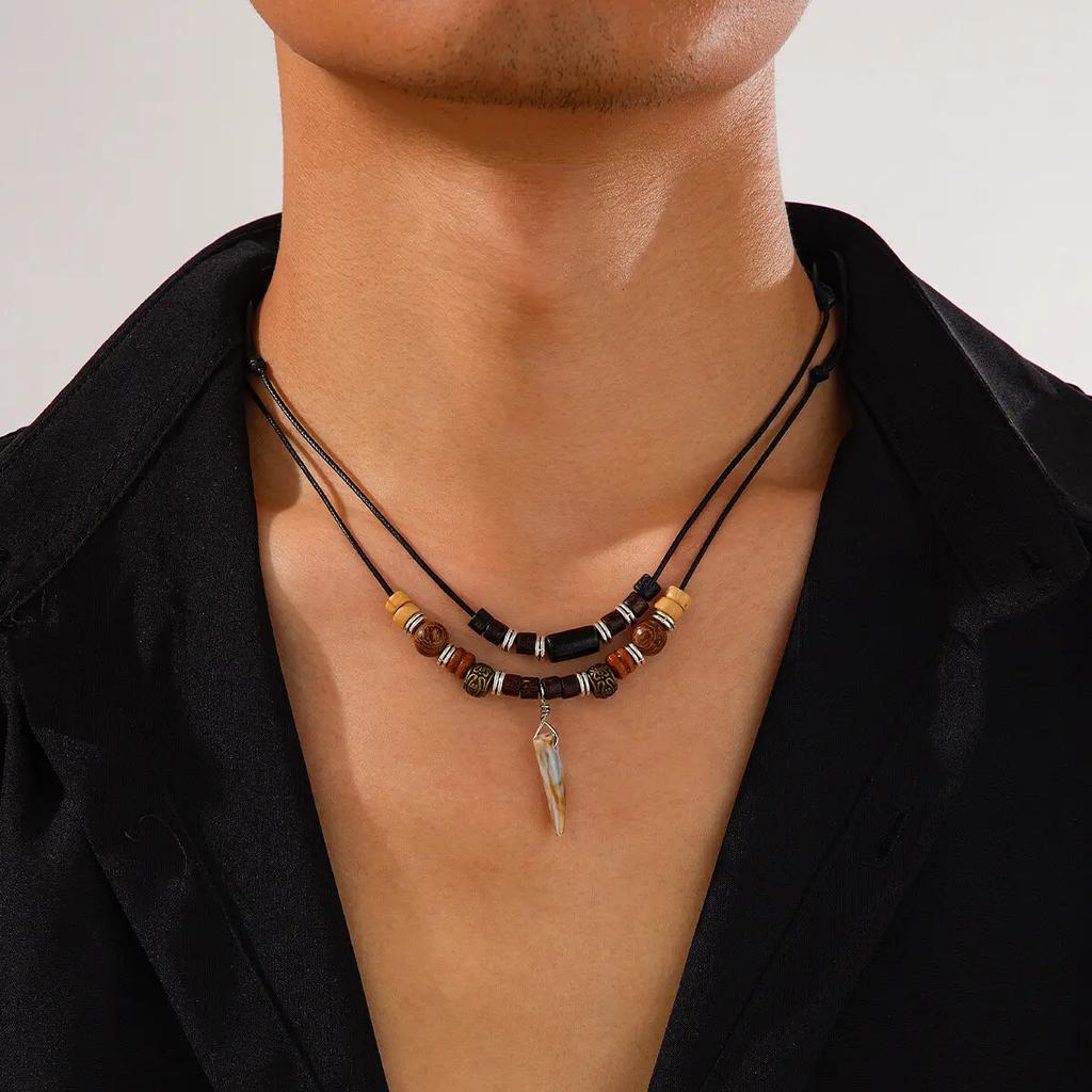 New 2Pcs/Set Ethnic Adjustable Wax Thread Rope Chain Necklace Men Trend Vintage Wolf Tooth Pendant Choker Male Neck Jewelry
