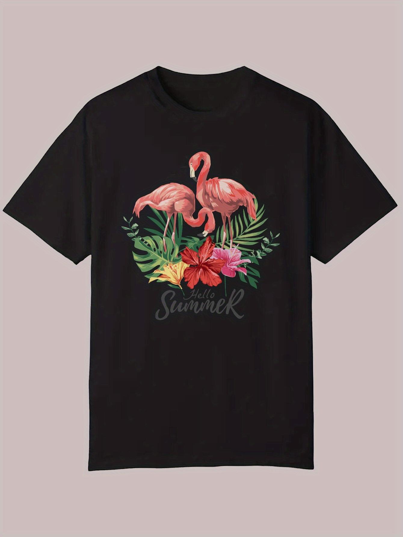

Adult Summer Casual Crew Neck Polyester T-shirt with Vibrant Flamingo & Tropical Plant Design - Hello Summer Text XXL
