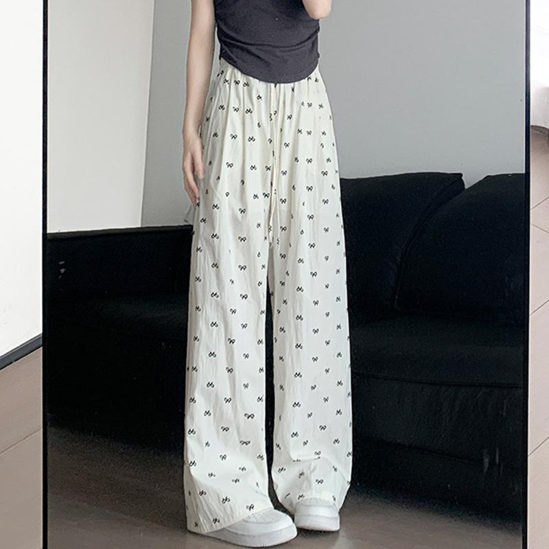 Women's Pants Elastic Waist Printed Tie Straight Draped Casual Pants Long Trousers
