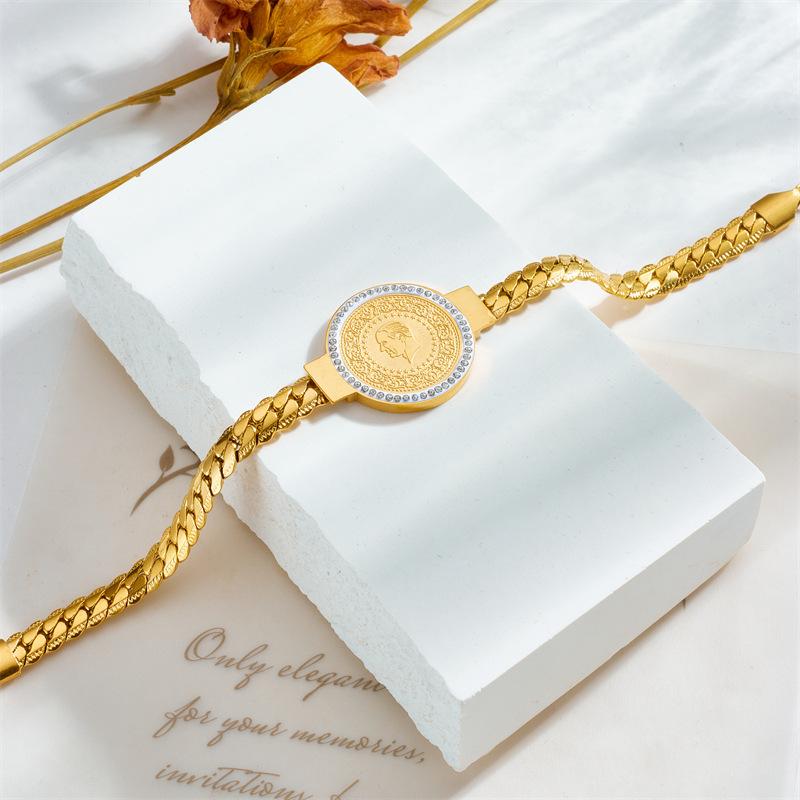 Gold Cuban Link Portrait Coin Crystal Bracelet – Luxury Heritage Jewelry, Timeless Elegance Gift for Men & Women