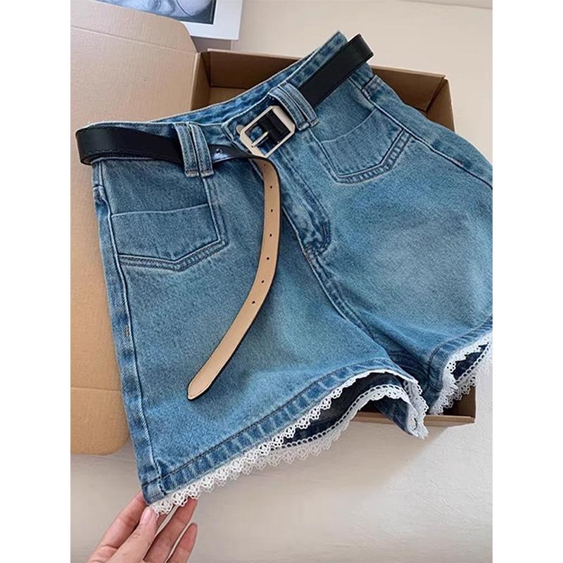 Women's Plus Size Retro Blue High-Waisted Denim Shorts with Lace Trim - Loose Slimming Wide-Leg Design